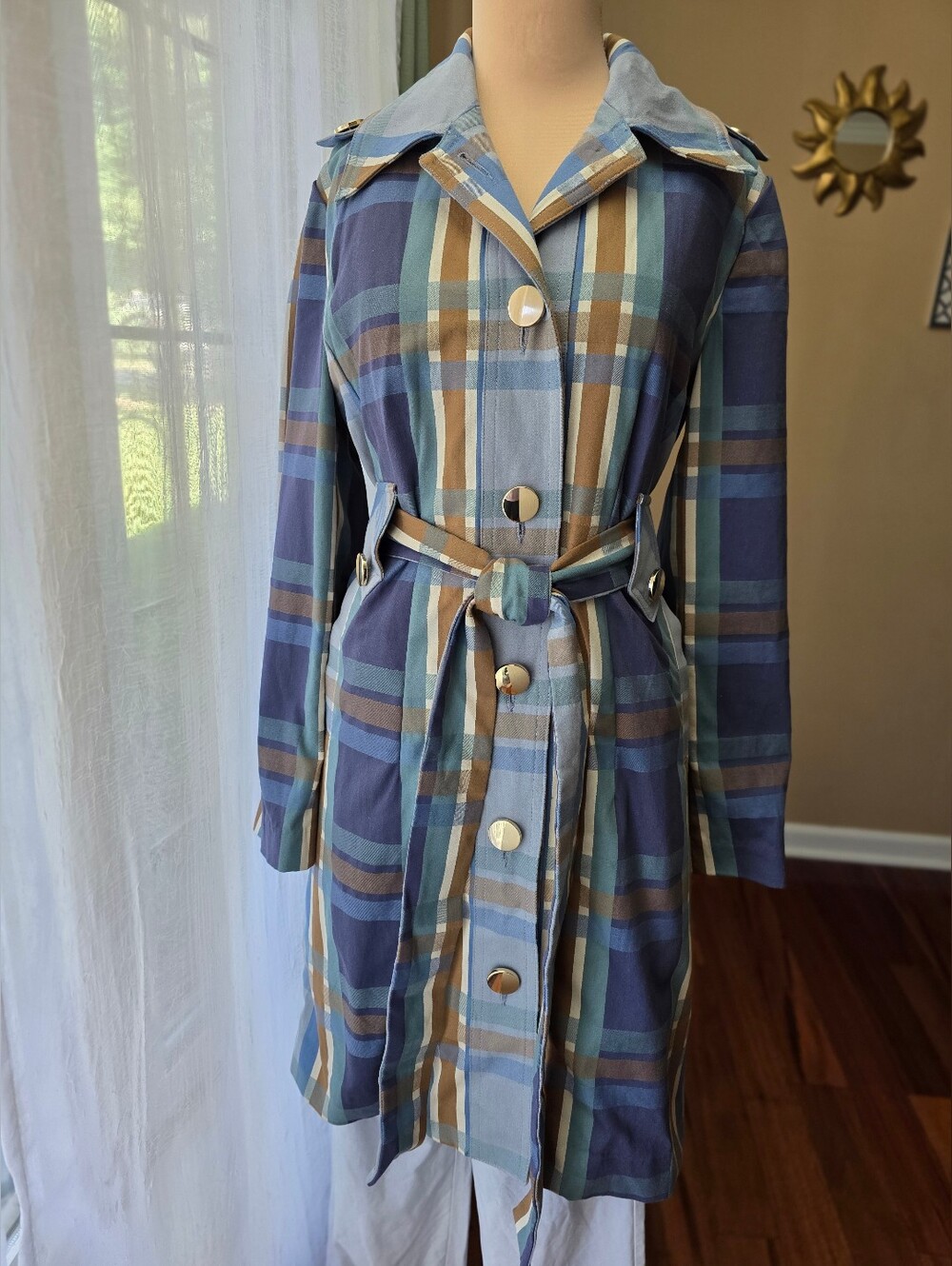 Cabi Plaid Trench Coat Small Blue Teal Belted Gold Button Retro Mod Cotton
